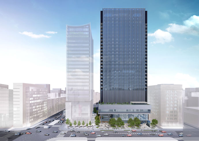 左がA街区(ミュージアムタワー京橋)、右がB街区(戸田建設新本社ビル)