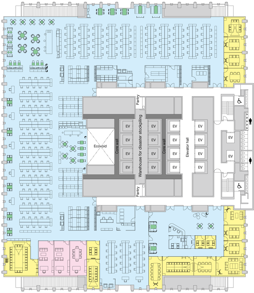 An island-type floor plan