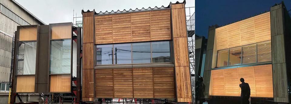 稔台工作所にて外装モックアップを製作。窓ガラス上下のスパンドレル部の木は下見板張り